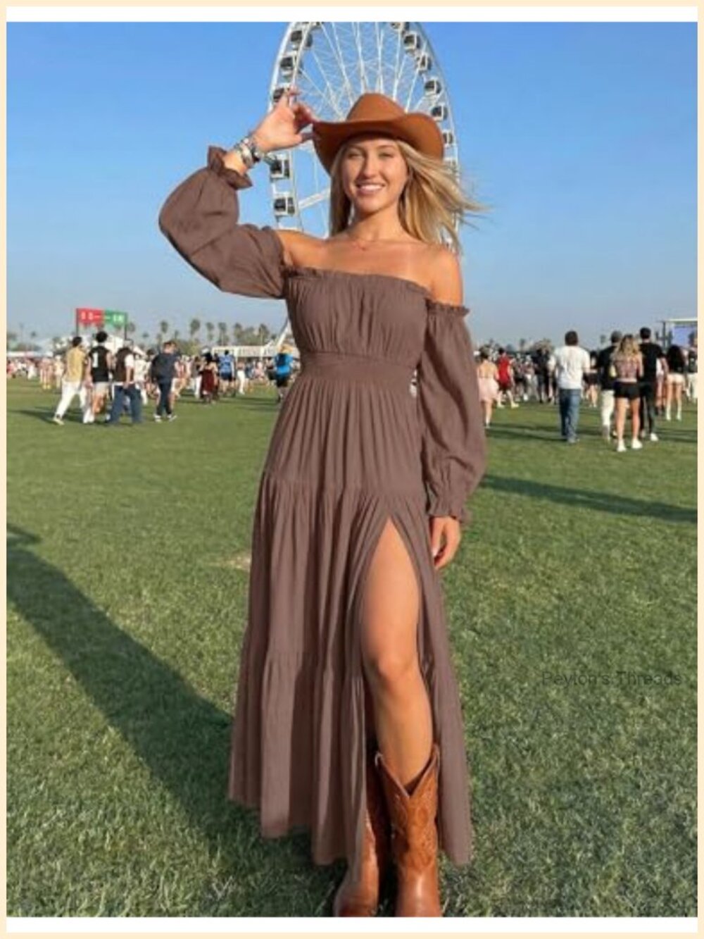 Off Shoulder Boho Maxi Dress with Side Split Flowy A Line Ruffle Hem - Picture 4 of 6